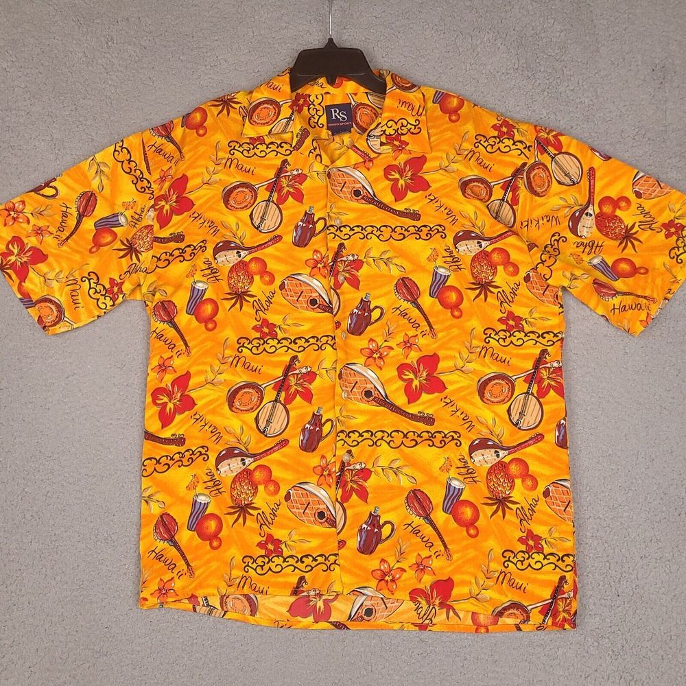 Ringo Sport Hawaiian Shirt Mens Large Orange‎ Floral Maui Waikiki Aloha Camp